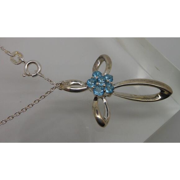 Vintage Sterling Silver Blue Topaz Flower Slide Cross Pendant Necklace Chain - Picture 10 of 10